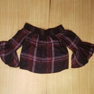 Ivy & Main Womens Purple Plaid Off The Shoulder Cropped Shirt Small
